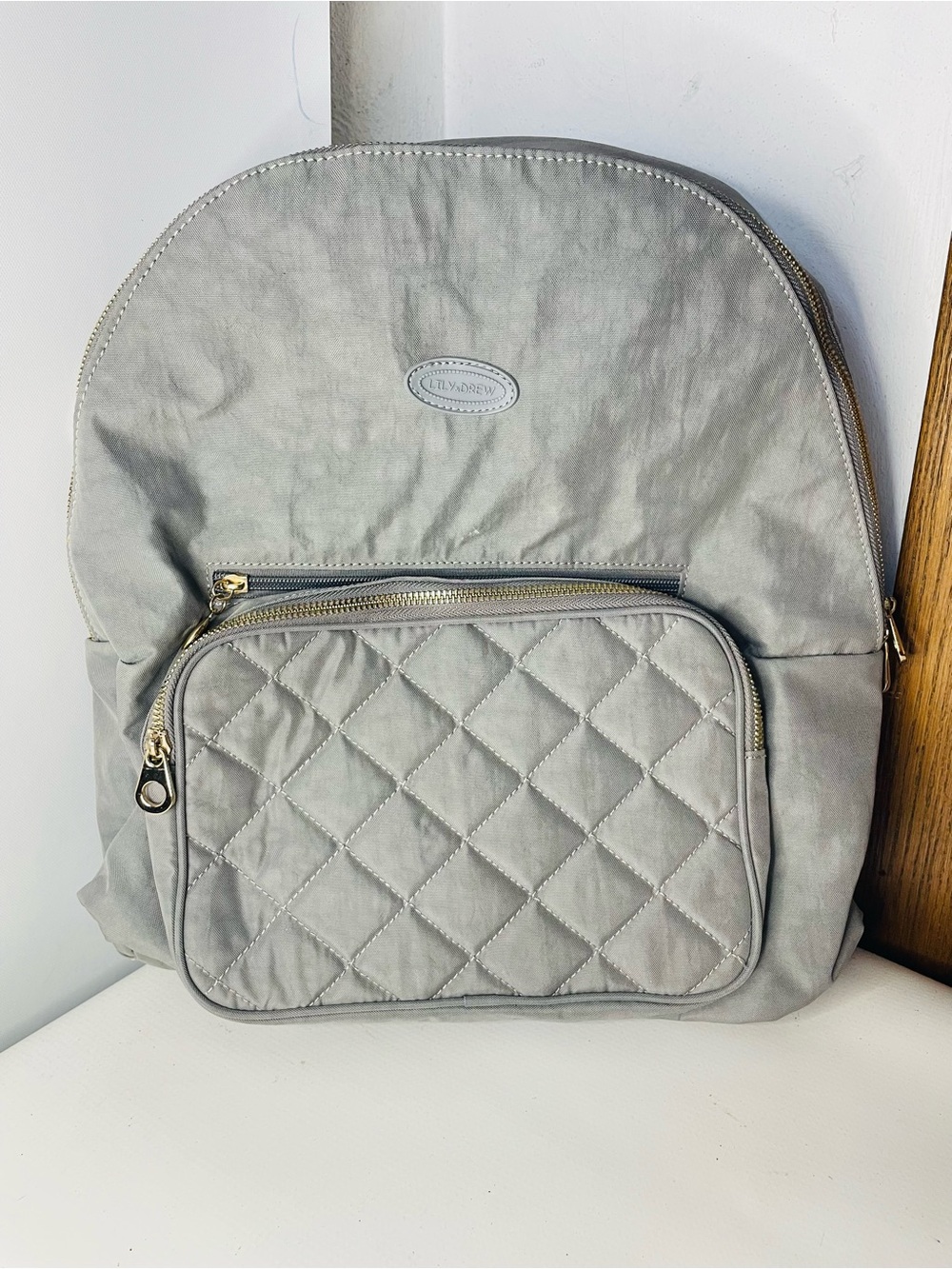 Lily & Drew Light wright Gray Nylon Backpack Organizer Gold Zippers Spacious